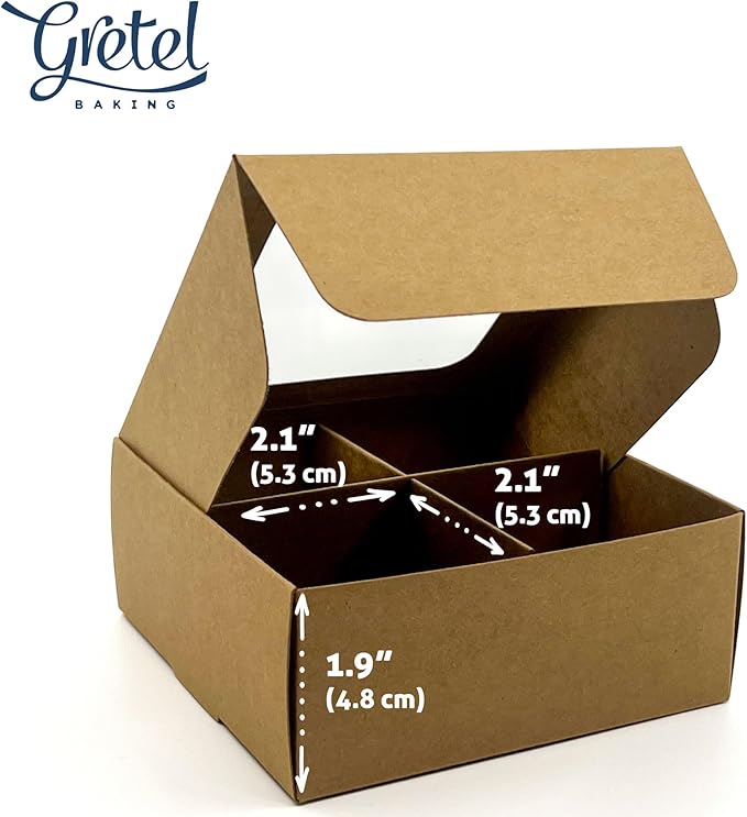 Treat boxes with window and dividers | 4 SMALL compartments | 4.5 x 4.5 x 1.9 in | Chocolate covered strawberries supplies, macaron boxes, baked goods packaging | 20-pack (Kraft)