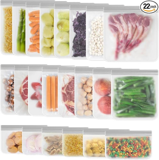 22 Pack Reusable Gallon Freezer Bags - Dishwasher Safe, Leakproof, BPA Free Reusable Storage Bags for Lunch, Marinate Food, Travel - 8 Gallon, 8 Sandwich, 6 Snack Bags