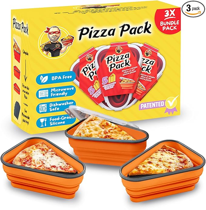 PIZZA PACK The Perfect Reusable Pizza Storage Container with 5 Microwavable Serving Trays - BPA-Free Adjustable Pizza Slice Container to Organize & Save Space, Orange 3 pk