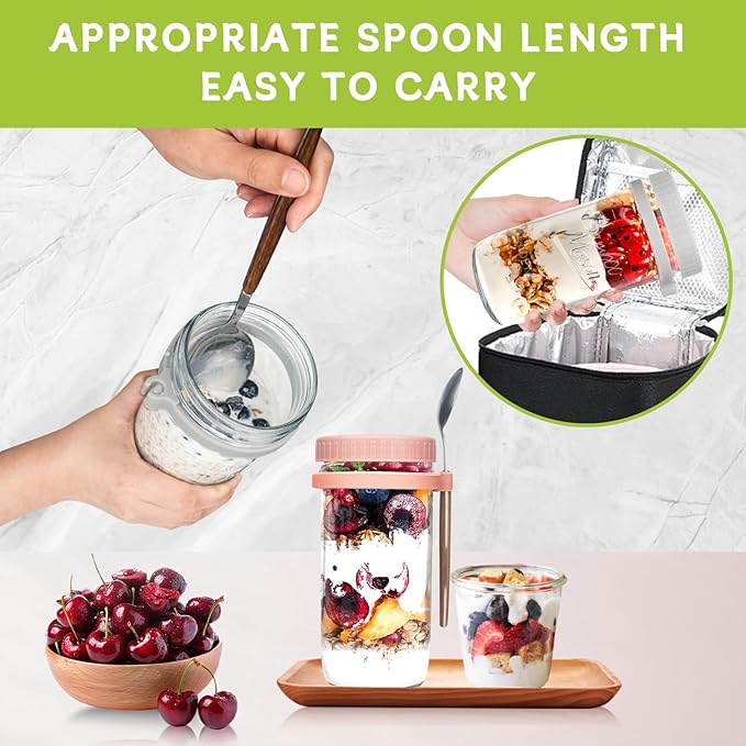 ANOTION Overnight Oats Containers with Lids and Spoons - 4 Pack Mason Jars 24 oz with Lids and Straws - Airtight Glass Meal Prep Containers for Oats Overnight, To Go Yogurt Oatmeal Cereal Pudding Cups