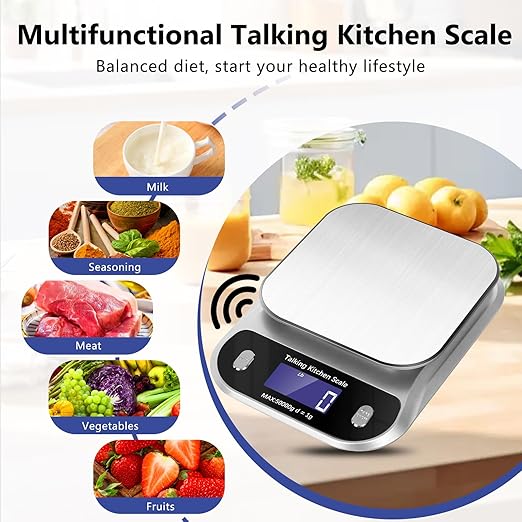 Talking Food Scale, 5kg/11lb Talking Digital Kitchen Scales Weight Ounces and Grams for Cooking, Talking Sales for Food, Clear Pure Voice Talking Scales for Visually Impaired(Battery Included)