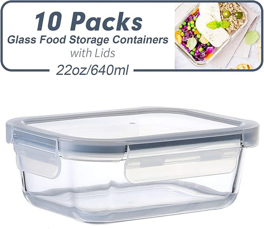 BAYZZ Glass Meal Prep Containers, 10 Packs 22 oz Glass Food Storage Containers,Airtight Lunch Containers with lids, Microwave,Freezer,Dishwasher Safe