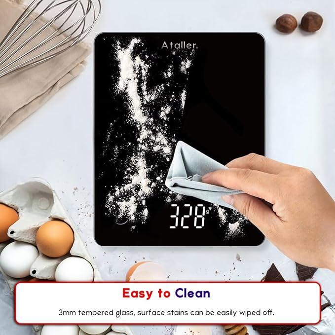 Ataller Digital Food Scale, Tempered Glass Panel, 10Kg/22lb Capacity, Kitchen Weighing Scales with LED Display and 1g Increments for Baking, Cooking, Keto and Meal Prep, Black