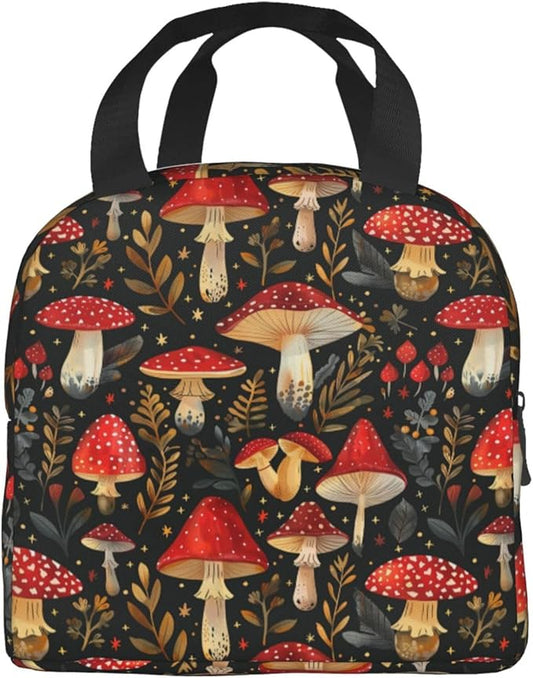 Mushroom Lunch Box Vintage Mushroom Leaf Forest Insulated Lunch Bag for Kids Women Men Reusable Cooler Botanic Lunch Tote Bag with Front Pocket for Girls Boys Students School Picnic Travel Office