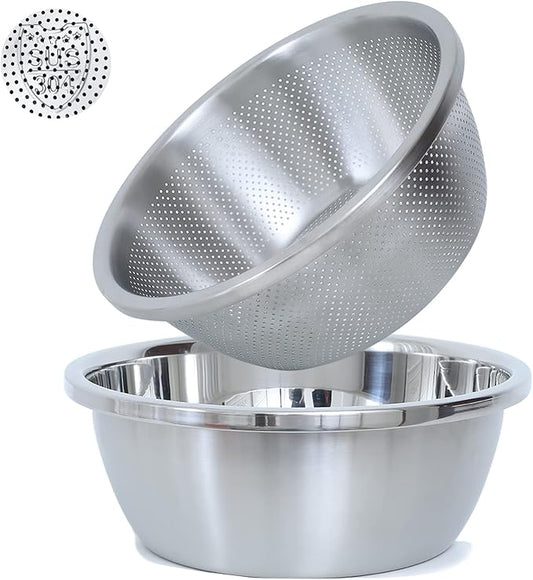 304 Stainless Steel Microporous Colander, 3.5QT Large Capacity with Mixing Bowl For washing vegetables fruit and rice and for draining cooked pasta(2PC)