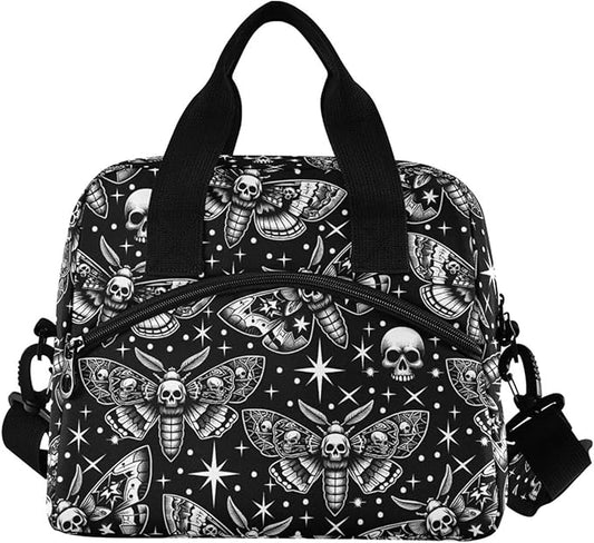 MNSRUU Insulated Lunch Bag Digital Skull Head Moth Women Men Fabric Dinner Tote Cooler Bag Reusable Leakproof Lunch Box with Adjustable Shoulder Handles Strap For Work School