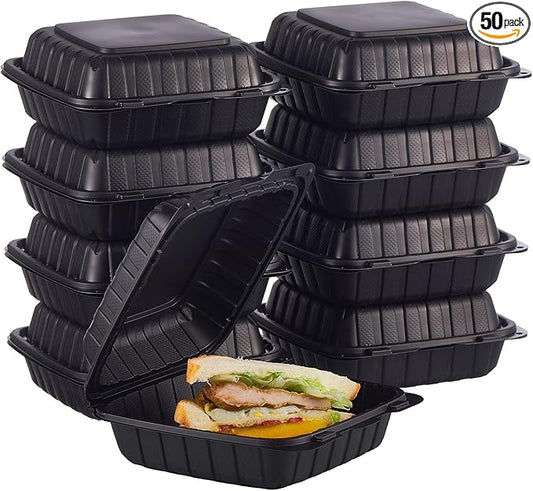 8X8 1-Compartment 50-Pack Plastic Clamshell Takeout Food Trays Heavy Duty Togo Disposable Box Carryout Meal Prep Packaging Catering Hinged Containers With Secure Snap Lid (Formerly FULING)