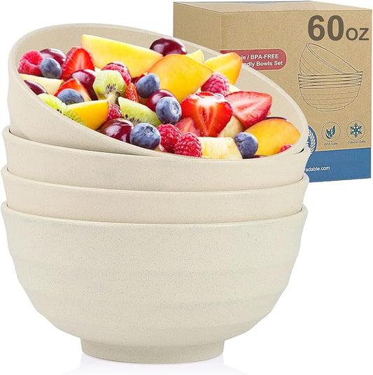 Wheat Straw Bowl Sets,4 PCS Unbreakable Cereal Bowl 60 OZ，Microwave and Dishwasher Safe Bowls,Super Big Bowl Sets BPA Free Bowls for Serving Soup,Oatmeal and Salad Etc…