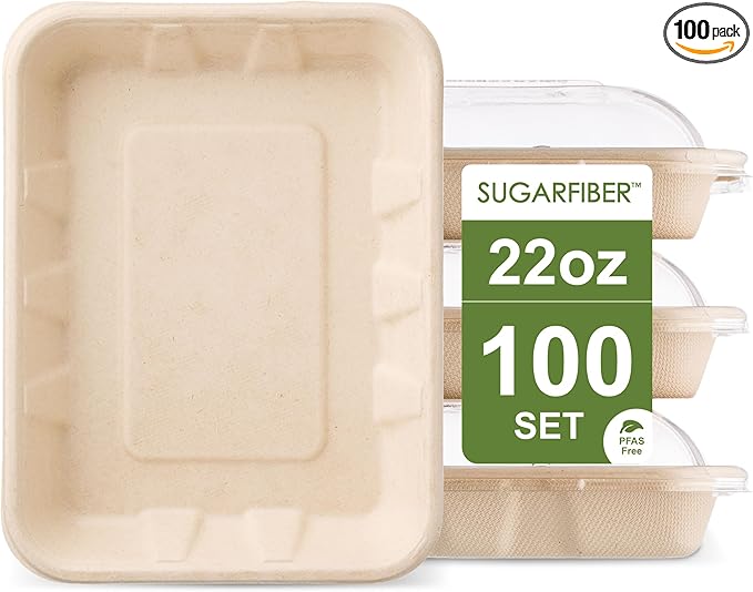 [100 COUNT]Harvest Pack 22 oz PFAS FREE Disposable Food Trays with Dome Lids, Compostable Disposable Food Container Bagasse Serving Trays, Rectangle, Made from Sugarcane Eco-Friendly Plant Fibers