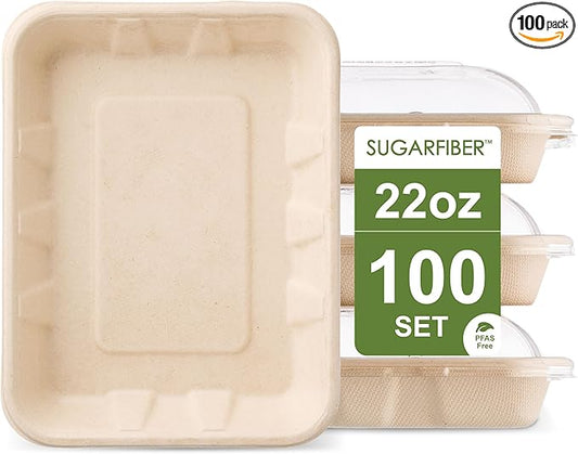 [100 COUNT]Harvest Pack 22 oz PFAS FREE Disposable Food Trays with Dome Lids, Compostable Disposable Food Container Bagasse Serving Trays, Rectangle, Made from Sugarcane Eco-Friendly Plant Fibers