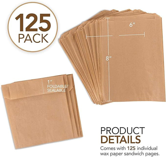 Paper Sandwich Bags Kraft Brown (125 Pack) Food Grade Bags with White Round Stickers for Sealing - Unbleached Compostable Natural Kraft Paper Stock Bags for Bakery Cookies, Treats, Snacks, Sandwiches