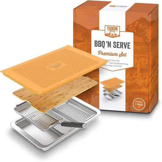 Yukon Glory™ BBQ 'N SERVE Premium Set, Includes 3 Grill Baskets, Serving Tray, Bamboo Cutting Board, Plastic Lid and Clip-on Handle