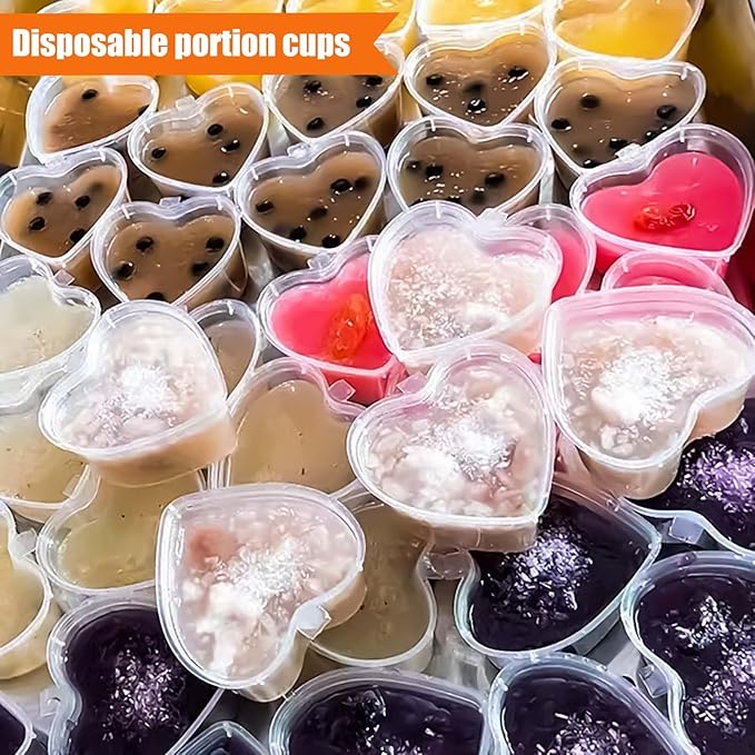 100 Sets 1 1/2 oz Heart Shaped Jello Shot Cups with Lids, Small Condiment Containers, Disposable Portion Cups, Plastic Souffle Cup, Mini Sample Tasting Cups, Dipping Sauce Cup To Go Bowls, Clear