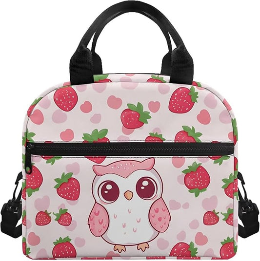 Showudesigns Owl Lunch Bag for Kids Girls Lunch Boxes for School 10-12 Strawberry Bento Cooler Bag Cute Insulated Lunchbox Container Picnic Bags Crossbody Purse Pink