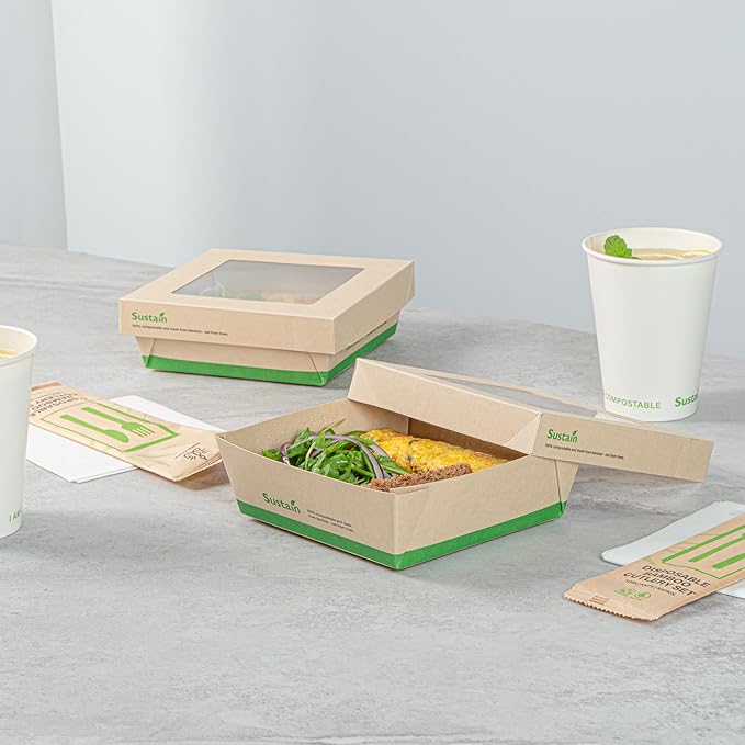Restaurantware-34 Ounce Sturdy Paper Take Out Boxes, 200 Disposable Take Out Food Containers - With PLA lining, Paper Lid With Clear PLA Window, Bamboo Paper Containers, Compostable, Greaseproof