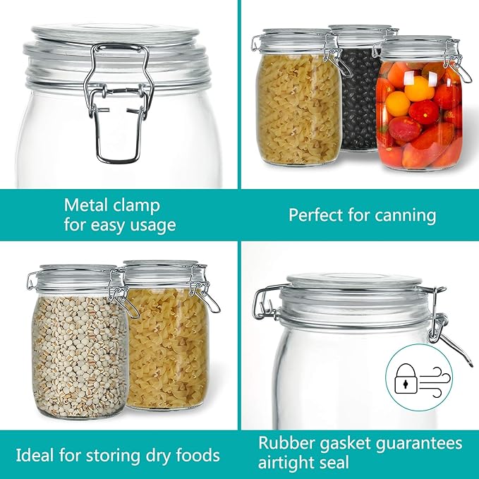 OAMCEG 4 Pack Wide Mouth Mason Jars - 34 OZ Airtight Glass Canning Jars with Leak Proof Rubber Gasket and Clip Top Lids, Perfect for Storing Coffee, Sugar, Flour or Sweets