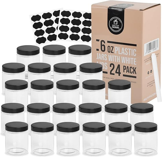 Plastic Containers with Water-Tight Black Lids (6 oz, 24 Pack) - Clear Plastic Food Storage Jars with Labels and White Marker - Great for your slime kit or any type of storage - BPA Free