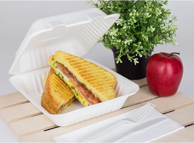 KARAT EARTH Clamshell Take Out Food Containers [8"x8", 200 ct ] Compostable To Go Containers, Natural Biodegradable Bagasse, Made of Sugarcane Fibers | White