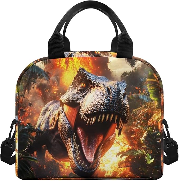 Showudesigns Dinosaur Lunch Bag for Kids Boys Lunch Boxes for School 10-12 Flame Bento Cooler Bag Cute Insulated Lunchbox Container Picnic Bags Crossbody Purse Brown