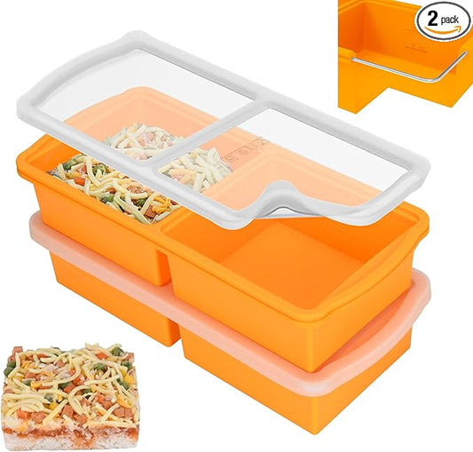 Silicone Freezer Trays with Lid,2-cup Soup Freezer Container large Ice Cube Molds with Reinforced Steel Ring Top for freezing Soup Sauce Broth Leftovers oven Dishwasher -Safe (yellow)