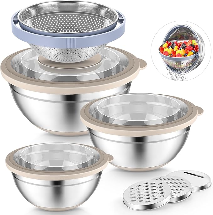 P&P CHEF Mixing Bowls with Lids Set of 3, 3 Pcs Stainless Steel Nesting Salad Bowls and Colander for Kitchen, 3 Grater Attachments & Non-Slip Bottoms, Visible & Airtight Lid, Khaki