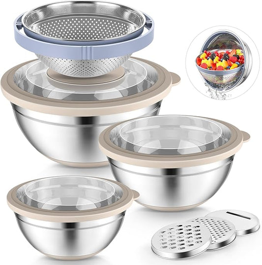 P&P CHEF Mixing Bowls with Lids Set of 3, 3 Pcs Stainless Steel Nesting Salad Bowls and Colander for Kitchen, 3 Grater Attachments & Non-Slip Bottoms, Visible & Airtight Lid, Khaki