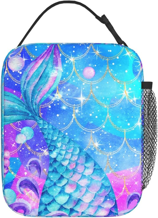 YETTA YANG Mermaid Tail Galaxy Blue Colorful Portable Lunch Bag Insulated Lunch Box Reusable Totes For Women Men Work Picnic Camping