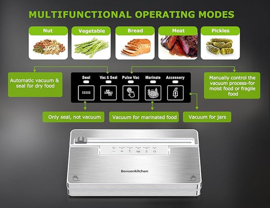Bonsenkitchen Vacuum Sealer Machine, Stainless Steel Food Sealer Vacuum Sealers with 30 Bags & 1 Roll, 5 Food Vacuum Modes, Built-in Cutter & Bag Storage, Climate Pledge Friendly (White Silver)