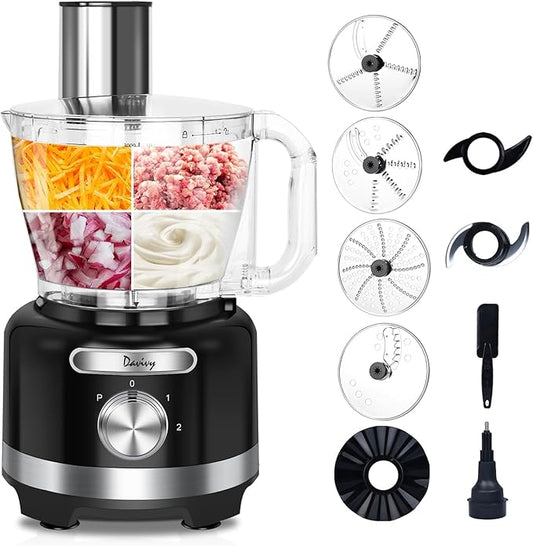 Davivy Food Processor 16-Cup (3.8L/128oz) – 9-in-1 Multifunction Vegetable Chopper, Cheese Grater & Dough Kneader with 600W Motor – Shred, Slice, Emulsify & Chop for Home Use, Black