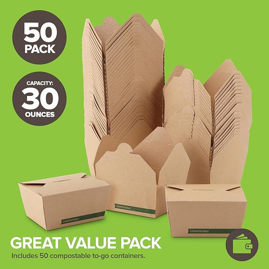 (Set of 50) 30oz Compostable Food Take Out Containers Disposable, Small Microwaveable Paper To Go Boxes, Grease Resistant Natural Kraft Cardboard Lunch Box, Takeout, Biodegradable, Eco-Friendly