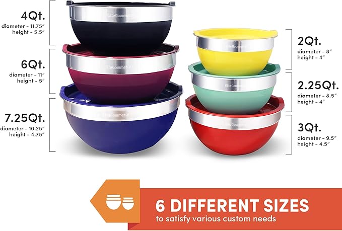 Elite Gourmet by EBS-0012 12-Piece Stainless Steel Interior Colored Stackable Nesting Mixing Bowls with Airtight Lids (Set of 6) Space Saving Food Storage, Baking, Melting Chocolate, Multi-Colors