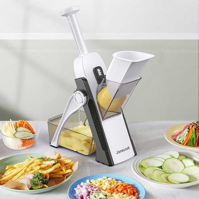 Safe Mandoline Slicer for Kitchen, Adjustable Thickness 0.1-8 mm, 5 in 1 Multi Vegetable Chopper, Potato Slicer, Food Chopper French Fry Cutte, with Paring Knife/Cleaning Brush, Mandolin (GreenBlack)