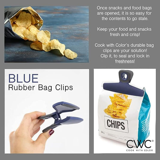 COOK WITH COLOR Bag Clips, Heavy Duty Chip Clip and Refrigerator Magnet Clips for Food Storage with Air Tight Seal Grip for Snack Bags and Food Bags (Blue, Pack of 8)