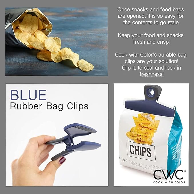 COOK WITH COLOR Food Clips - Wide Heavy Duty Chip Clips, Large Bag Clips for Food Storage with Air Tight Seal Grip, Pack of 4, Blue