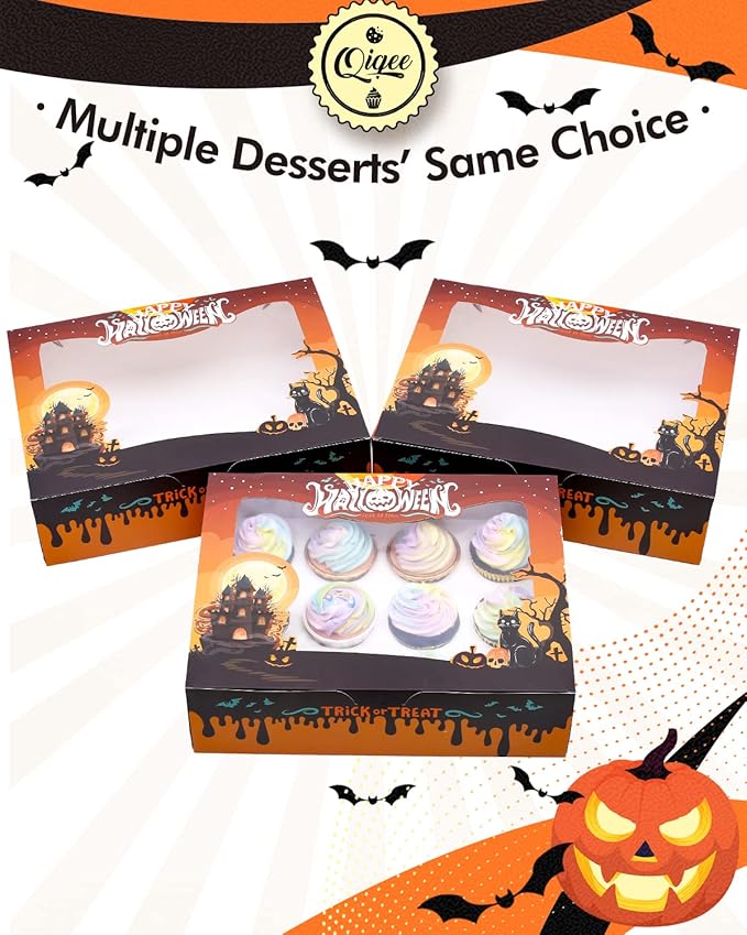 qiqee 12 Cupcake Boxes with Window 16 Packs Halloween Cupcake Box 13"x10"x3.5" Cupcakes Carrier,12 Cupcake Containers For Halloween