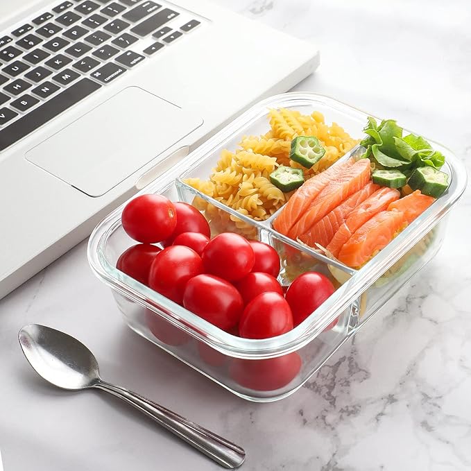Bayco 9 Pack Glass Meal Prep Containers 3 & 2 & 1 Compartment, Glass Food Storage Containers with Lids, Airtight Glass Lunch Bento Boxes, Leak Proof (9 lids & 9 Containers) - Grey