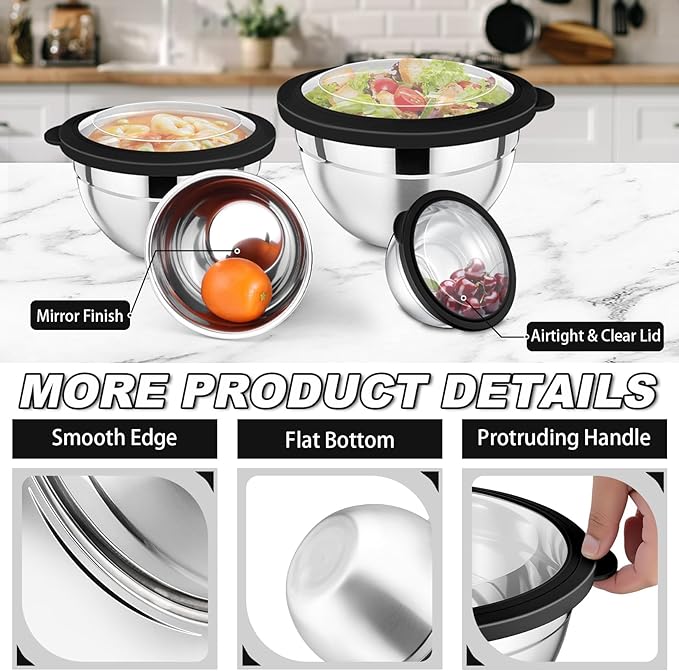 P&P CHEF Mixing Bowl with Lid Set, Stainless Steel Nesting Salad Bowls for Cooking Serving Prepping, Clear Lids & Stackable Design, Size 4.6, 3.5, 3, 2, 1.5, 1, 0.7 Qt - Black, Set of 7