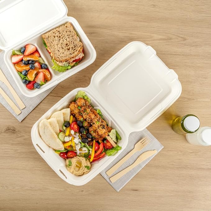 Restaurantware Pulp Safe No PFAS Added 32 Ounce Clamshell Boxes 100 Disposable Containers - Home Compostable Microwavable And Freezable White Bagasse Containers Built-In Hinged Lid And Tab Lock
