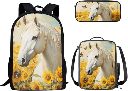 Dolyues Sunflower Horse Girls Backpack Combo: 17 Inch Lightweight Backpack, Eco-Friendly Lunch Bag & Organizer Pencil Case - Ages 5-10