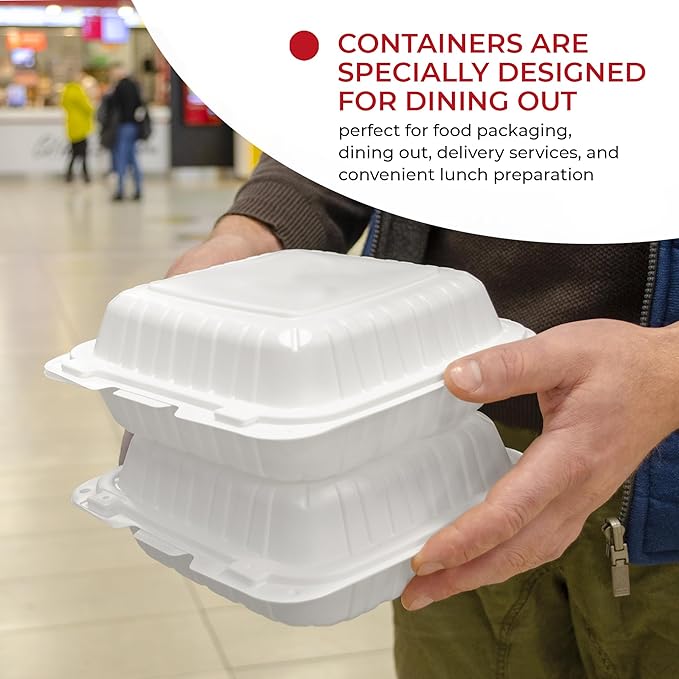 To Go Containers For Meal (60 Pack) 8" x 8" - 31oz 3 Compartments Clamshell Take Out Storage Containers Reusable - Disposable Boxes for Food - White Take Out Containers
