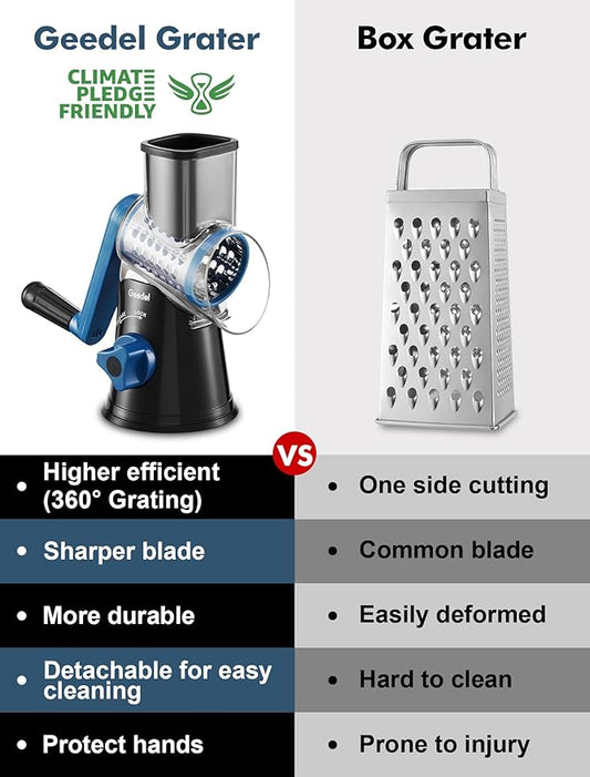 Geedel Rotary Cheese Grater, Kitchen Mandoline Vegetable Slicer with 3 Interchangeable Blades, Easy to Clean Rotary Grater Slicer for Fruit, Vegetables, Nuts, Black
