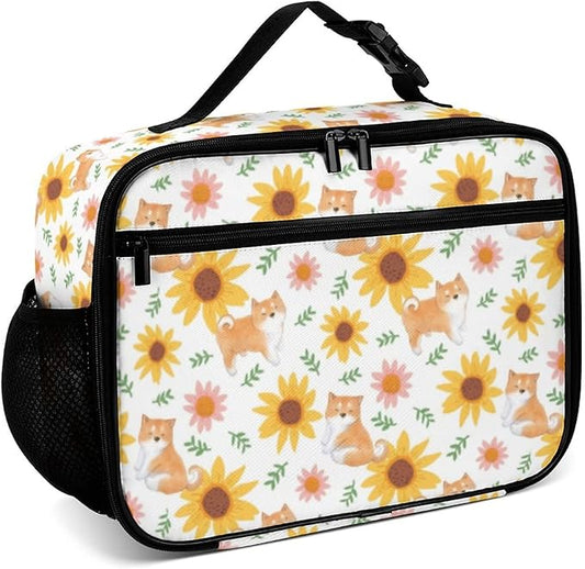 Dog Sunflower Reusable Lunch Box Insulated Lunch Bag Cooler Bag Lunchbox Meal Food Container Tote Bag for Women Kids Girls School Camping Hiking Picnic Beach Travel