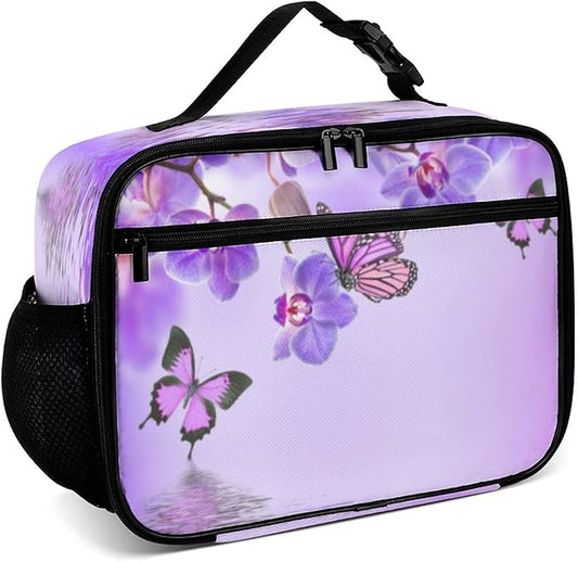 Orchids Butterfly Reusable Lunch Box Insulated Lunch Bag Cooler Bag Lunchbox Meal Food Container Tote Bag for Women Kids Girls School Camping Hiking Picnic Beach Travel