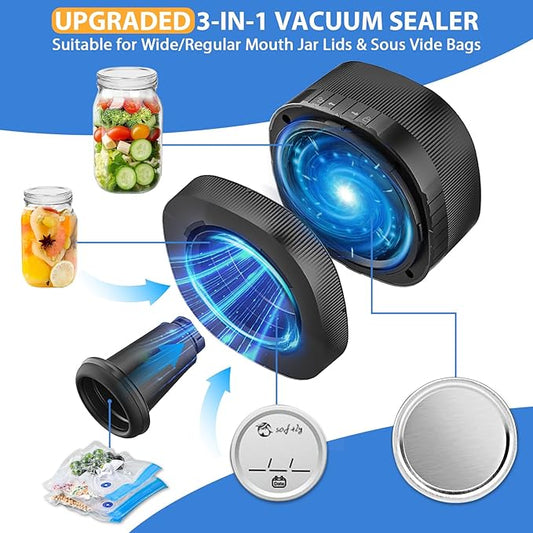 Yoobao Mason Jar Vacuum Sealer, 3 in 1 Electric Jar Sealer Kit for Regular or Wide Mouth Mason Jars, Vacuum Seal Bags, 10 Lids, 6 Bags, Can Opener, Automatic Canning Sealing Machine for Food Storage