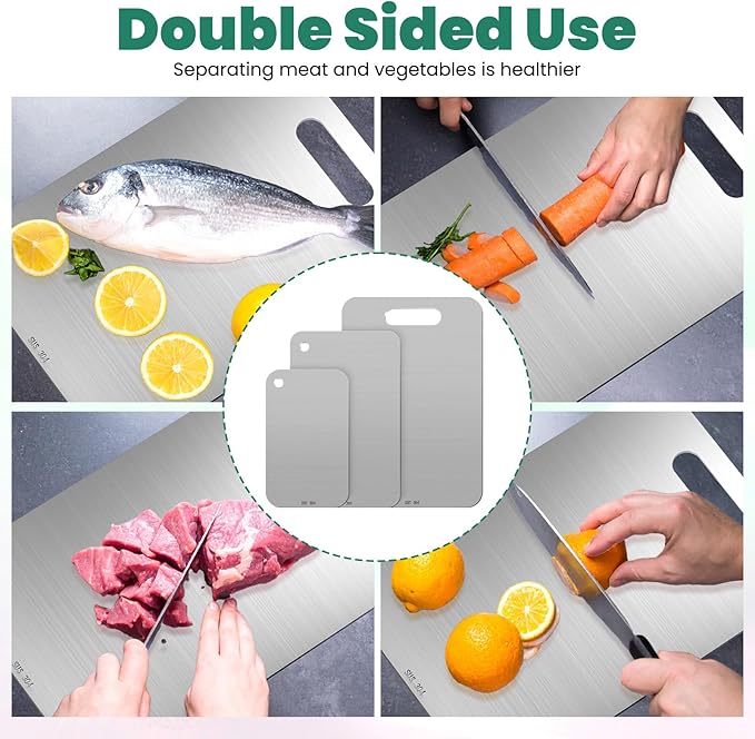 3 Packs Stainless Steel Cutting Board Small Cutting Boards for Kitchen, Metal Cutting Boards for Kitchen, Non Stick Chopping Cutting Board for Fruit Meat Vegetable(13.4x9, 11.8x7.9, 9.4x5.9 in)