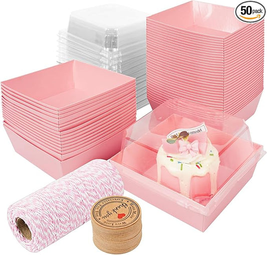 Kosotody 50 Pack Charcuterie Boxes with Clear Lids, 4 Inches Pink Oil-Proof Kraft Paper Food Containers Bakery Boxes for Sandwich, Cookies, Hot Cocoa, Cupcakes and Strawberries
