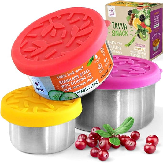 Stainless Steel Snack Containers for Kids [12oz/ 7oz/ 3oz] - Leakproof with Silicone Lids - Lunch Box for Kids - Metal Lunchbox for School, Office, Home Food Storage - Dishwasher & Freezer Safe