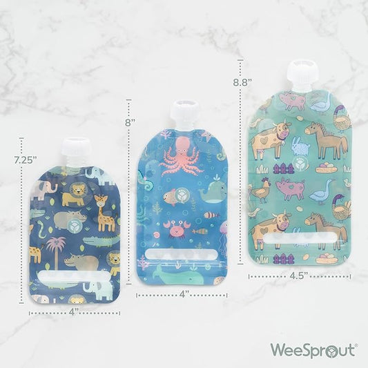 WeeSprout Double Zipper Reusable Food Pouches, Perfect for Babies & Toddlers, Freezer & Dishwasher Safe (Educational, 6 Piece Assortment)