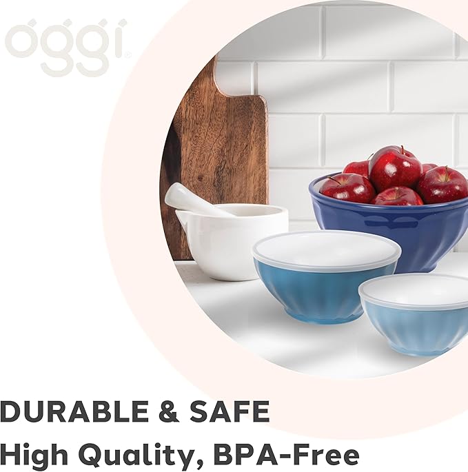 Oggi Set of 3 Ribbed Mixing Bowls with Lids - Nested Plastic Bowls for Kitchen, Durable Mixing Bowls Set, BPA-Free Plastic Bowls with Lids - 1.6, 2.6, 3.7 Qt