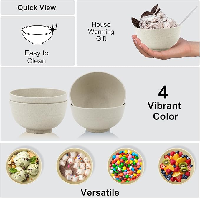 wheat straw dessert bowls 10oz set of 8 - Unbreakable snack Bowls for kids - Mini Bowls for Ice Cream,Snack and Fruits - Microwave & Dishwasher Safe Appetizer Bowl Sets - Beige